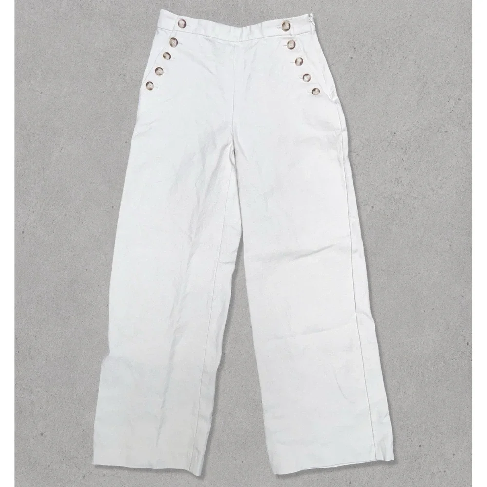 Sezane Women's Linen Blend Sailor Pant Size 40 Fits 30x31 Beige/Cream Side Zip